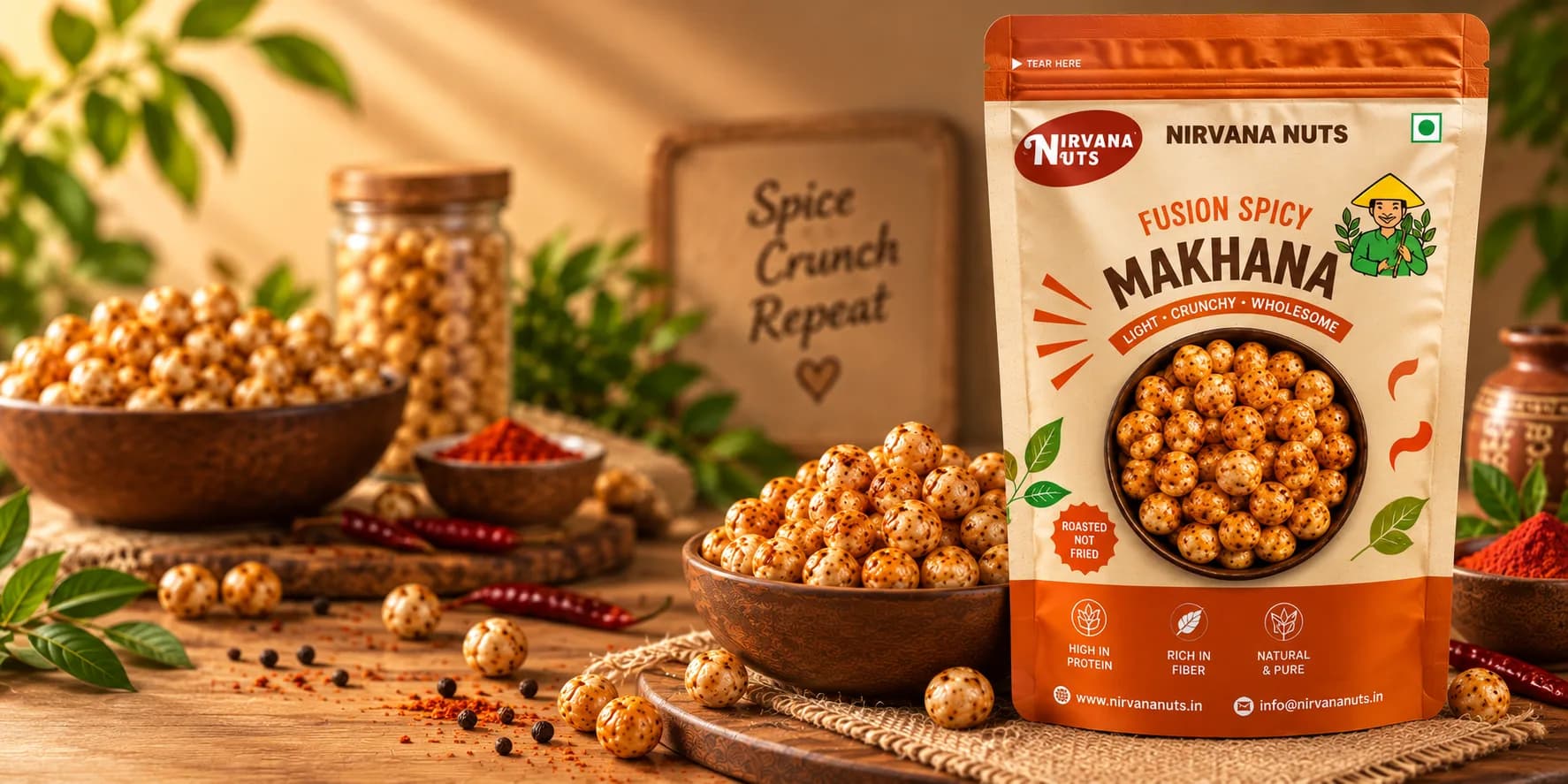Fusion Makhana healthy roasted fox nuts fiery snack India Nirvana Nuts